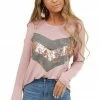 American Chic Dusty Blush Long Sleeve Top With Sequin And Camo Details