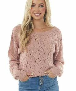 Andree Dusty Blush Open Back Pointelle Knit Sweater Tops