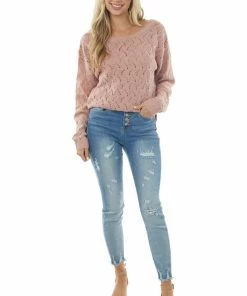 Andree Dusty Blush Open Back Pointelle Knit Sweater Tops
