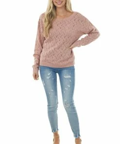Andree Dusty Blush Open Back Pointelle Knit Sweater Tops