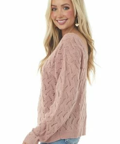 Andree Dusty Blush Open Back Pointelle Knit Sweater Tops