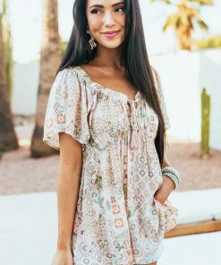 Doe & Rae Dusty Blush Printed Notch Neck Flutter Sleeve Top Tops