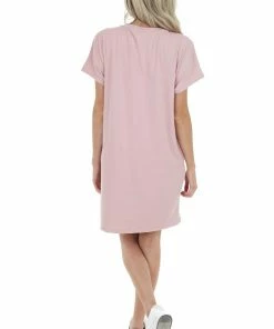 Entro Dusty Blush Short Sleeve Tee Shirt Dress With Front Pocket
