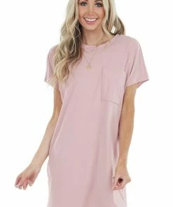 Entro Dusty Blush Short Sleeve Tee Shirt Dress With Front Pocket