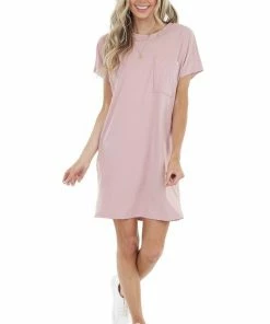 Entro Dusty Blush Short Sleeve Tee Shirt Dress With Front Pocket