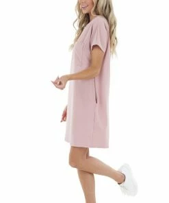 Entro Dusty Blush Short Sleeve Tee Shirt Dress With Front Pocket