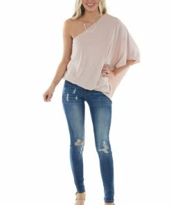Main Strip Dusty Blush Sparkly Off The Shoulder Asymmetrical Knit Top