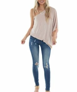 Main Strip Dusty Blush Sparkly Off The Shoulder Asymmetrical Knit Top