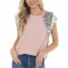 Vanilla Bay Dusty Blush Swiss Dot Knit Top With Multiprint Short Sleeves Tops