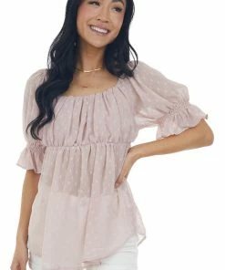 Davi & Dani Dusty Blush Swiss Dot Puff Sleeve Babydoll Top