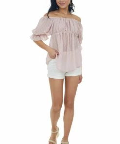Davi & Dani Dusty Blush Swiss Dot Puff Sleeve Babydoll Top