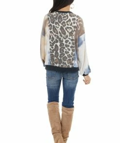 RAE MODE Dusty Blue Tie Dye And Leopard Print Long Sleeve Knit Top Tops