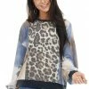 RAE MODE Dusty Blue Tie Dye And Leopard Print Long Sleeve Knit Top Tops