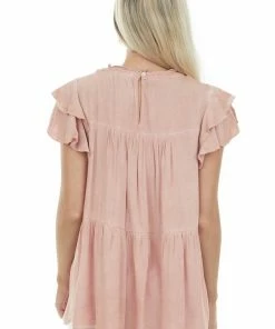 Jodifl Dusty Blush Washed Ruffle Sleeve Tiered Top Tops