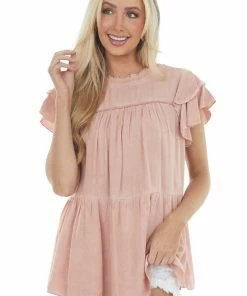 Jodifl Dusty Blush Washed Ruffle Sleeve Tiered Top Tops