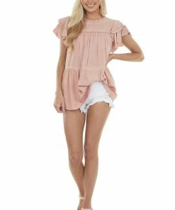 Jodifl Dusty Blush Washed Ruffle Sleeve Tiered Top Tops