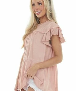Jodifl Dusty Blush Washed Ruffle Sleeve Tiered Top Tops