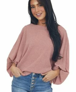 143 Story Tops Dusty Coral Boat Neck Bubble Sleeve Knit Top