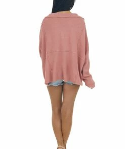 Easel Dusty Coral Collared Henley Brushed Knit Top Tops