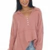 Easel Dusty Coral Collared Henley Brushed Knit Top Tops 1 Easel Dusty Coral Collared Henley Brushed Knit Top Tops