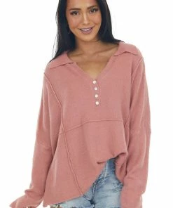 Easel Dusty Coral Collared Henley Brushed Knit Top Tops