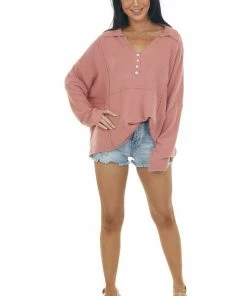 Easel Dusty Coral Collared Henley Brushed Knit Top Tops