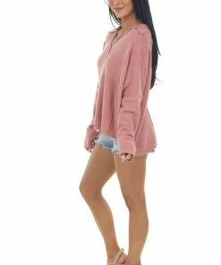 Easel Dusty Coral Collared Henley Brushed Knit Top Tops