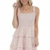 Sweet Lemon Dusty Coral Gingham Smocked Tiered Mini Dress Dresses