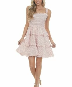 Sweet Lemon Dusty Coral Gingham Smocked Tiered Mini Dress Dresses