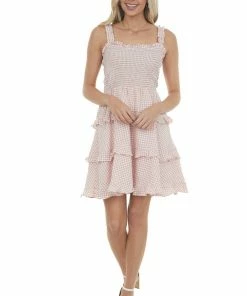 Sweet Lemon Dusty Coral Gingham Smocked Tiered Mini Dress Dresses