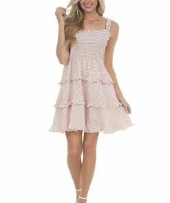 Sweet Lemon Dusty Coral Gingham Smocked Tiered Mini Dress Dresses