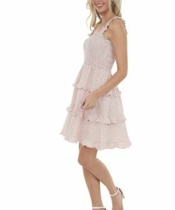 Sweet Lemon Dusty Coral Gingham Smocked Tiered Mini Dress Dresses