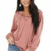 12PM Tops Dusty Coral Hooded Top With V Neck And Front Tie Detail