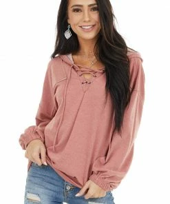 12PM Tops Dusty Coral Hooded Top With V Neck And Front Tie Detail