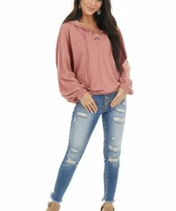 12PM Tops Dusty Coral Hooded Top With V Neck And Front Tie Detail 21 12PM Tops Dusty Coral Hooded Top With V Neck And Front Tie Detail