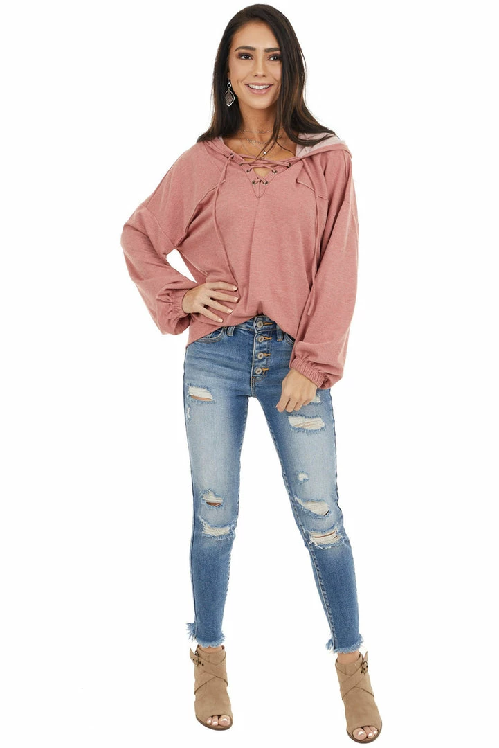 12PM Tops Dusty Coral Hooded Top With V Neck And Front Tie Detail 7 12PM Tops Dusty Coral Hooded Top With V Neck And Front Tie Detail