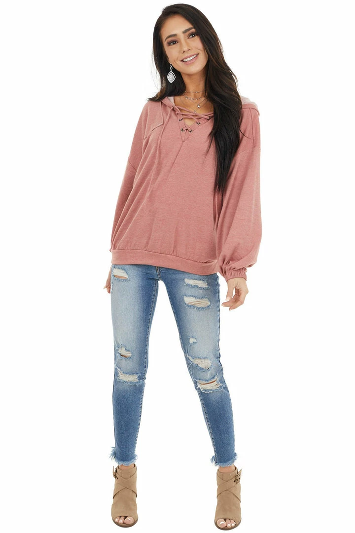 12PM Tops Dusty Coral Hooded Top With V Neck And Front Tie Detail 5 12PM Tops Dusty Coral Hooded Top With V Neck And Front Tie Detail
