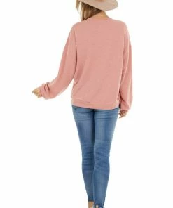 Chrysanthemum Dusty Coral Stretchy Long Sleeve Top With Raw Edge Details