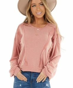 Chrysanthemum Dusty Coral Stretchy Long Sleeve Top With Raw Edge Details