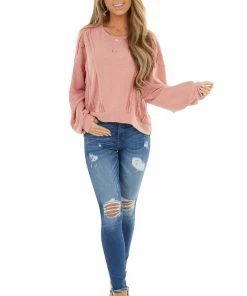 Chrysanthemum Dusty Coral Stretchy Long Sleeve Top With Raw Edge Details
