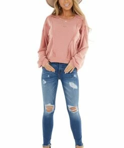 Chrysanthemum Dusty Coral Stretchy Long Sleeve Top With Raw Edge Details