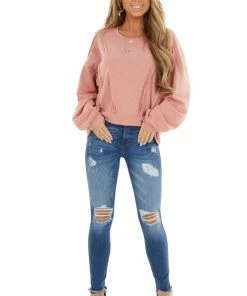 Chrysanthemum Dusty Coral Stretchy Long Sleeve Top With Raw Edge Details