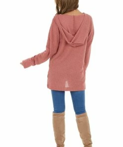 First Love Dusty Rose Stretchy Waffle Knit Hooded Long Sleeve Top