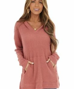 First Love Dusty Rose Stretchy Waffle Knit Hooded Long Sleeve Top