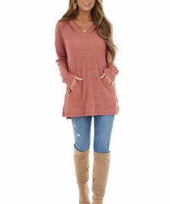 First Love Dusty Rose Stretchy Waffle Knit Hooded Long Sleeve Top