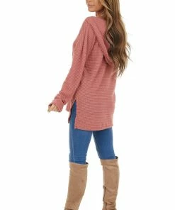 First Love Dusty Rose Stretchy Waffle Knit Hooded Long Sleeve Top