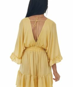 Glam Honeysuckle Kimono Sleeve Ruffle Silky Mini Dress Dresses