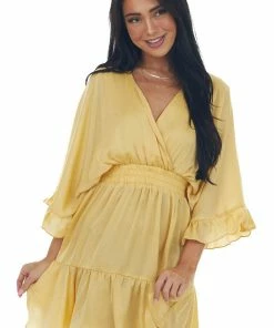 Glam Honeysuckle Kimono Sleeve Ruffle Silky Mini Dress Dresses