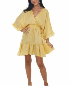 Glam Honeysuckle Kimono Sleeve Ruffle Silky Mini Dress Dresses