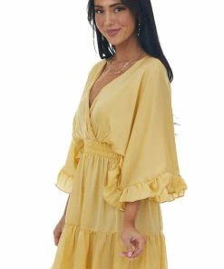 Glam Honeysuckle Kimono Sleeve Ruffle Silky Mini Dress Dresses